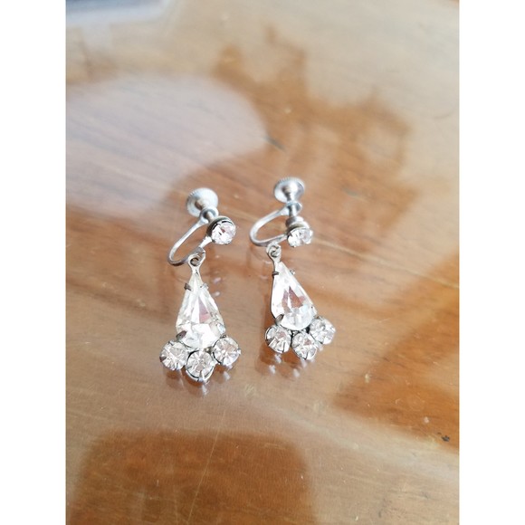 Clear Rhinestone Dangling Drop Screwback Earrings - Picture 5 of 10
